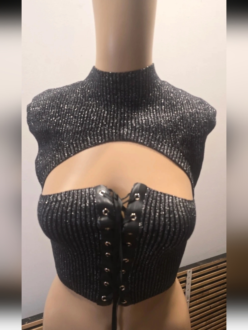 Ribbed Metallic Cutout Corset Lace-Up Crop Top - Black - Small